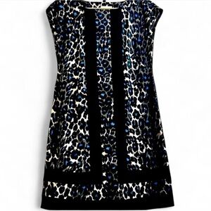Donna Morgan Black & Cobalt Leopard Cap Sleeve Dress Size 2 petite.